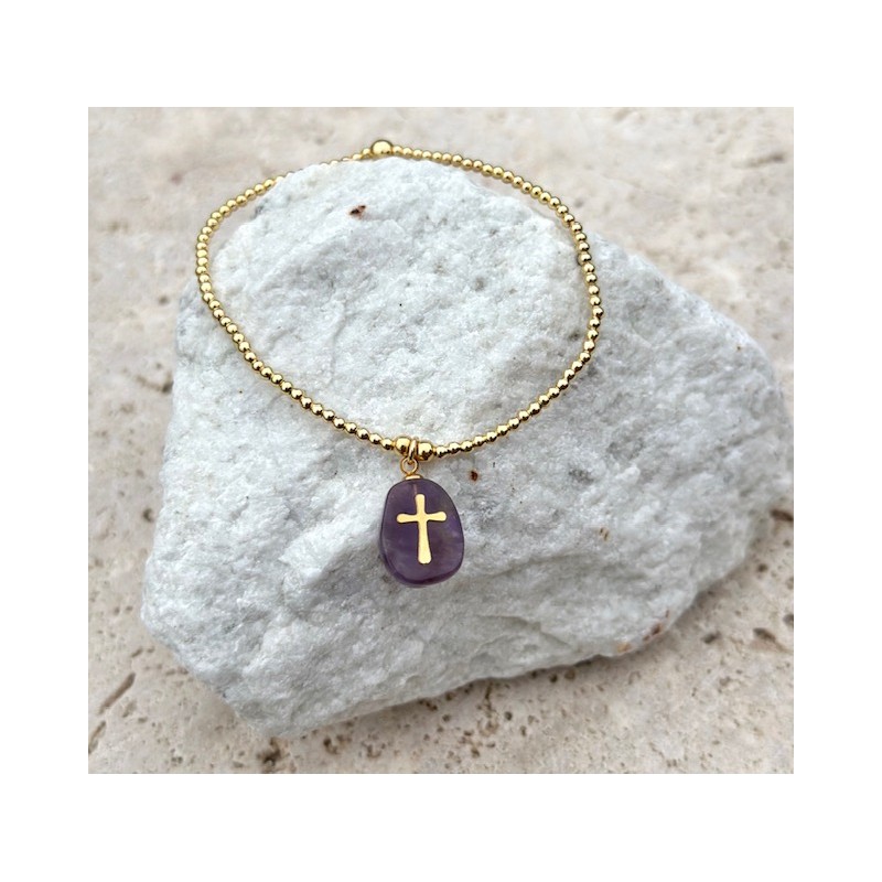 BRACELET PERLES PO CROIX AMETHYSTE