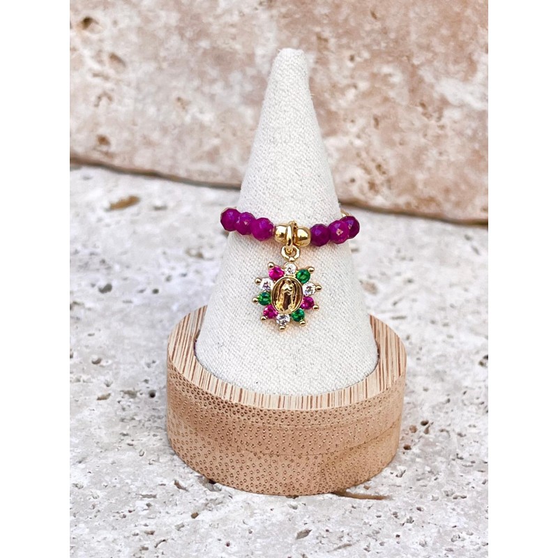 Bague vierge coloree et perles en rubis