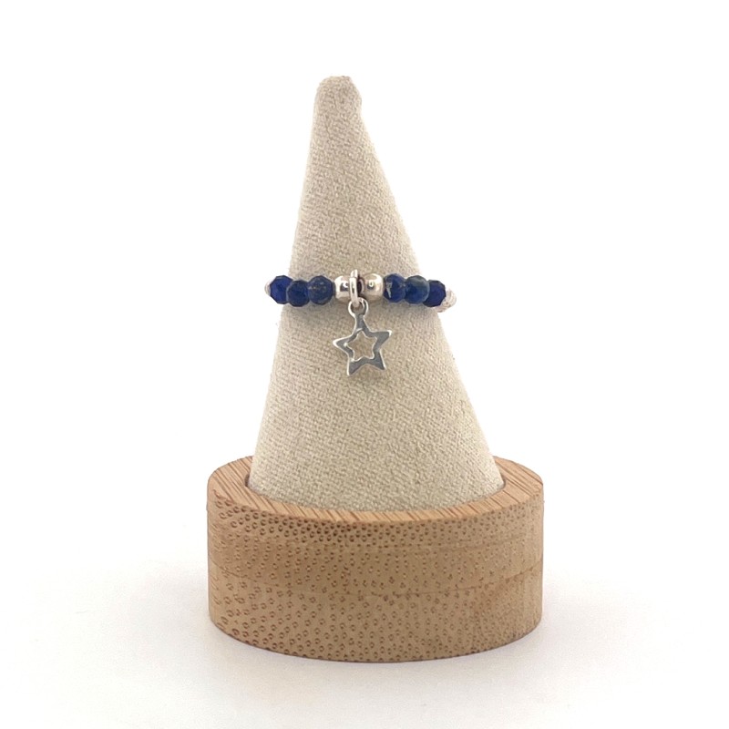 Bague perles argent 925, etoile ajourée et pierre lapis-lazuli