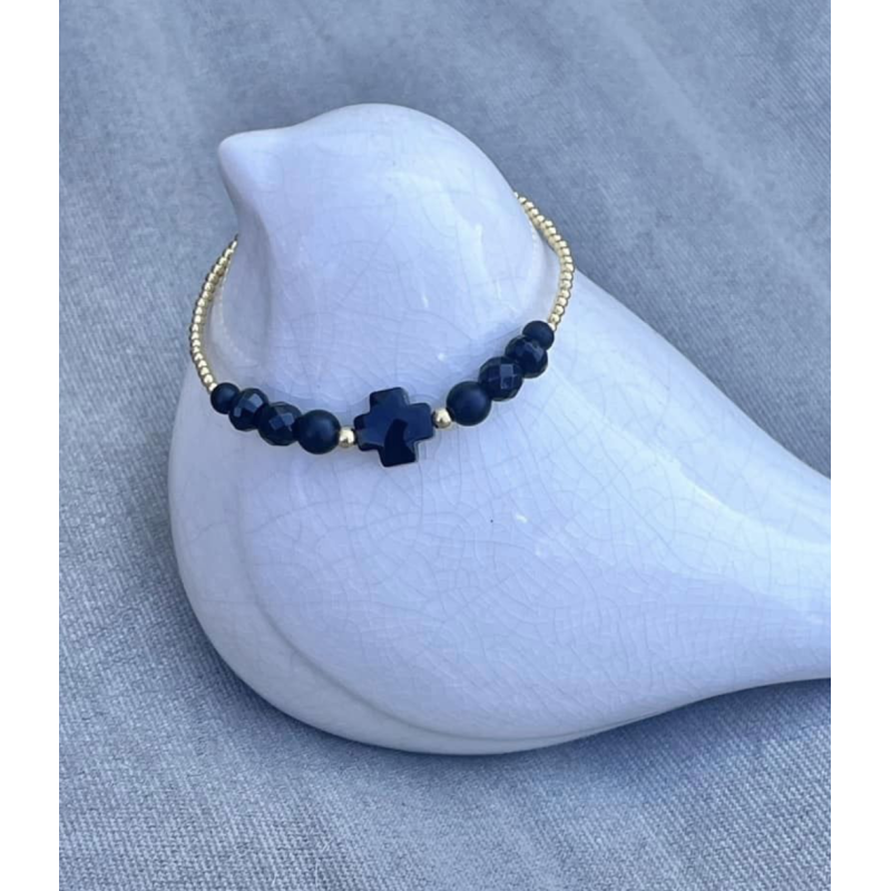 Bracelet or, croix noire et perles onyx