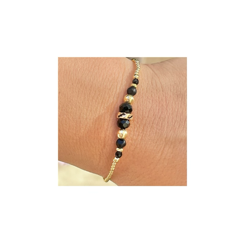 Bracelet fin or, rondelle zirconium noir, perles onyx