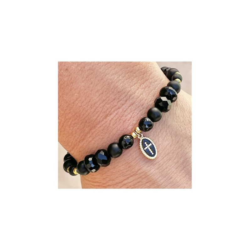 Bracelet perles onyx, médaille oh my croix noire