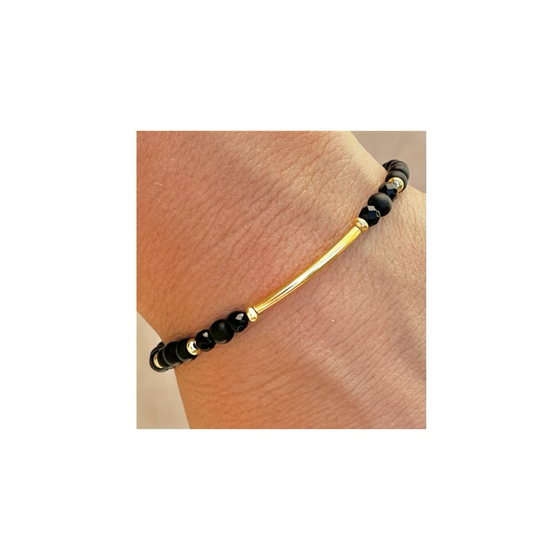 Bracelet perles onyx, barre plaqué or