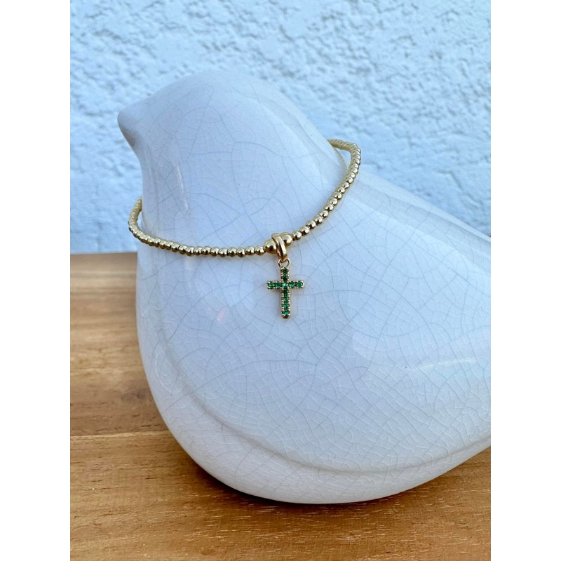 BRACELET PERLES PO CROIX ZIRCONIUM VERT